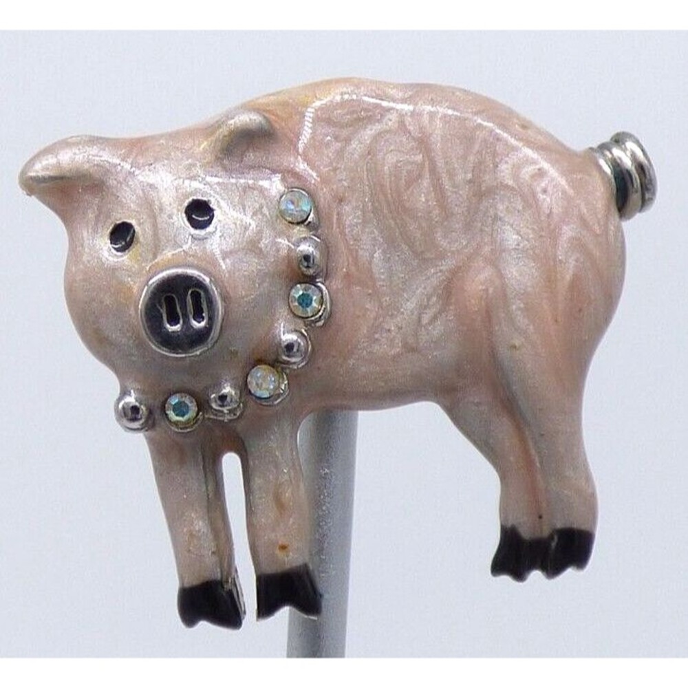Pig Brooch Pin Rhinestones Pink Enamel Silver Tone Signed Danecraft Vintage
